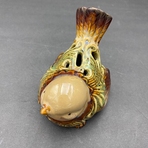 Vintage Ceramic Bird Figurine Brown Green Hollow Cut Outs Chickadee Glossy - Picture 8 of 11